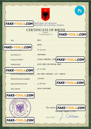 Albania birth certificate PSD template, completely editable