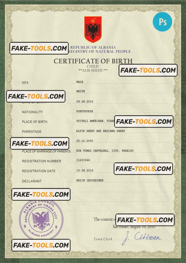 Albania birth certificate PSD template, completely editable