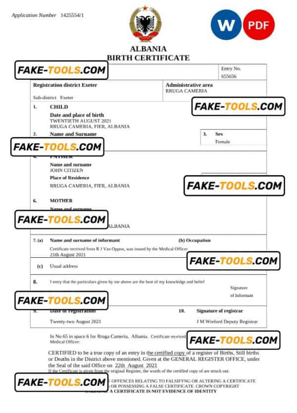 Albania birth certificate Word and PDF template, completely editable