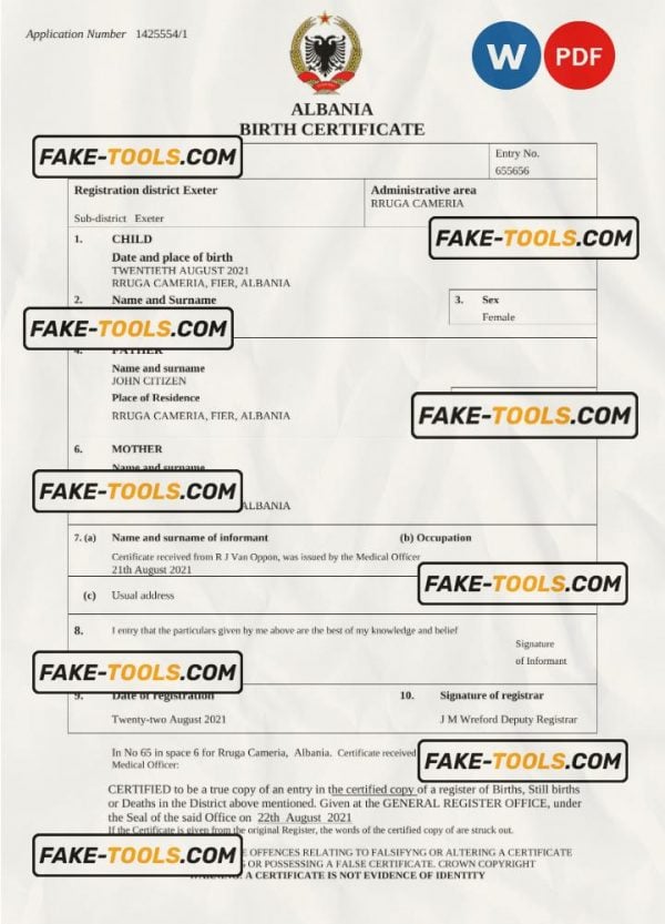 Albania birth certificate Word and PDF template, completely editable
