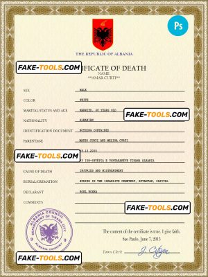 Albania death certificate PSD template, completely editable