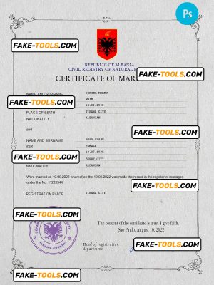 Albania marriage certificate PSD template, completely editable