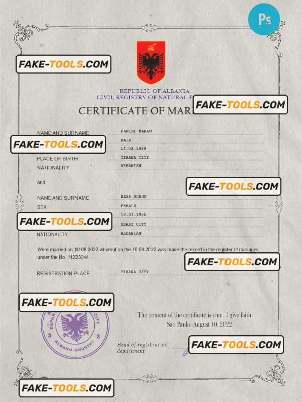 Albania marriage certificate PSD template, completely editable