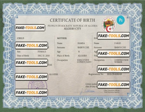 Algeria vital record birth certificate PSD template, fully editable