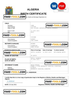 Algeria vital record birth certificate Word and PDF template, completely editable
