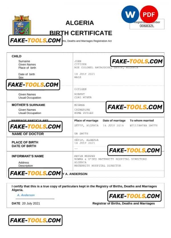 Algeria vital record birth certificate Word and PDF template, completely editable
