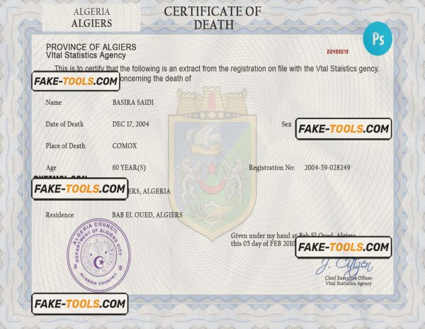 Algeria vital record death certificate PSD template, fully editable