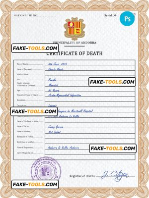 Andorra death certificate PSD template, completely editable