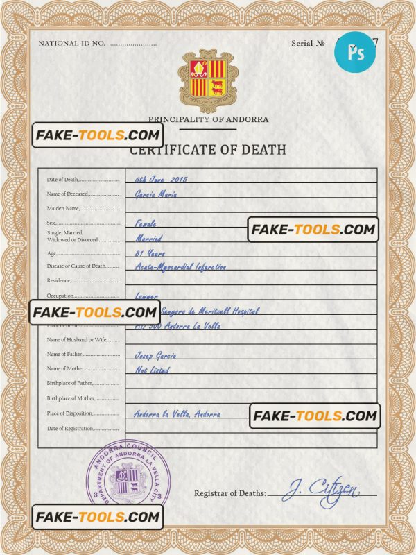 Andorra death certificate PSD template, completely editable
