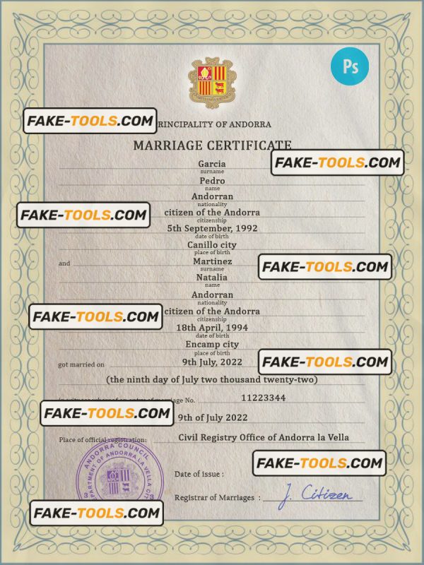 Andorra marriage certificate PSD template, completely editable