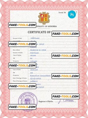 Andorra vital record birth certificate PSD template