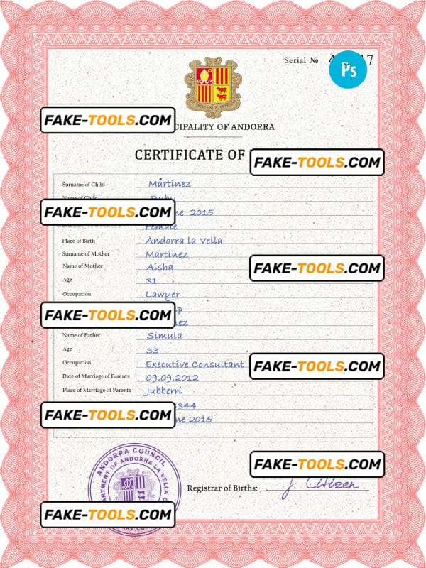 Andorra vital record birth certificate PSD template