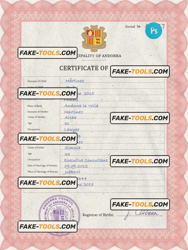 Andorra vital record birth certificate PSD template