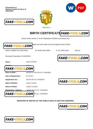 Andorra vital record birth certificate Word and PDF template