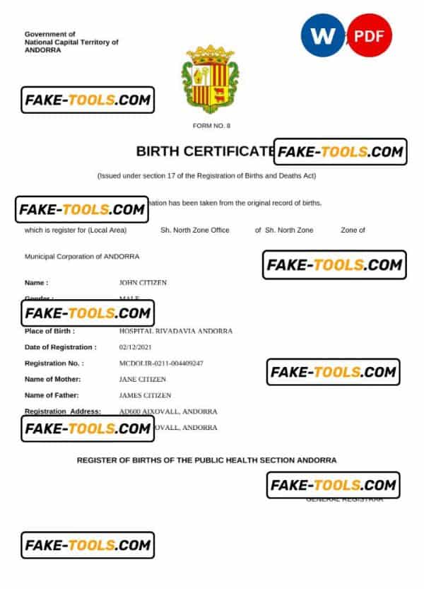 Andorra vital record birth certificate Word and PDF template