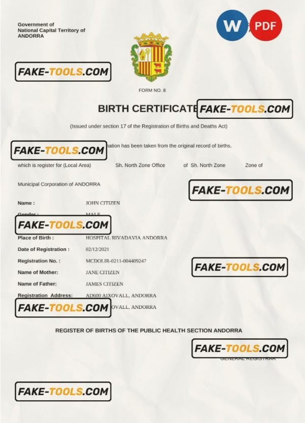 Andorra vital record birth certificate Word and PDF template