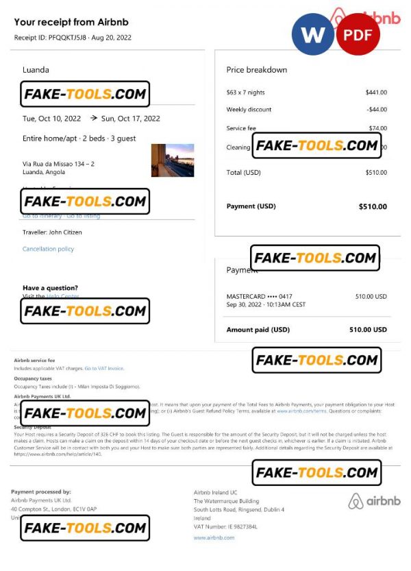 Angola Airbnb booking confirmation Word and PDF template