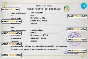 Angola marriage certificate PSD template, fully editable