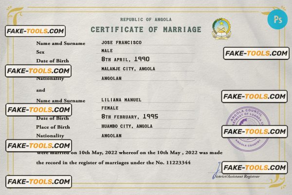 Angola marriage certificate PSD template, fully editable