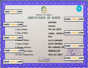 Angola vital record birth certificate PSD template, completely editable