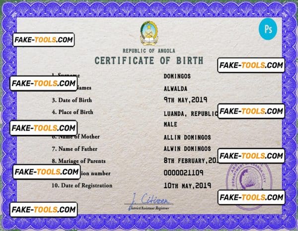 Angola vital record birth certificate PSD template, completely editable