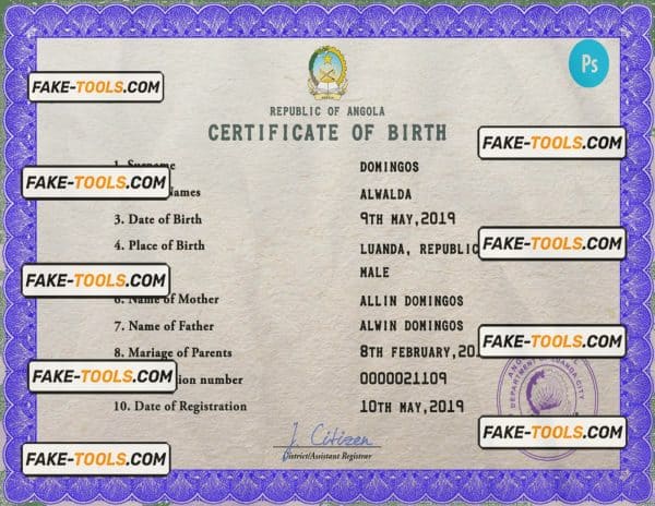 Angola vital record birth certificate PSD template, completely editable