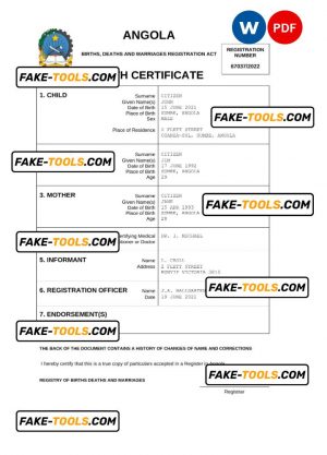 Angola vital record birth certificate Word and PDF template, fully editable