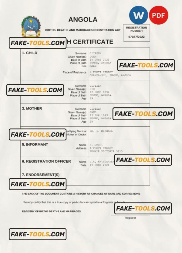 Angola vital record birth certificate Word and PDF template, fully editable