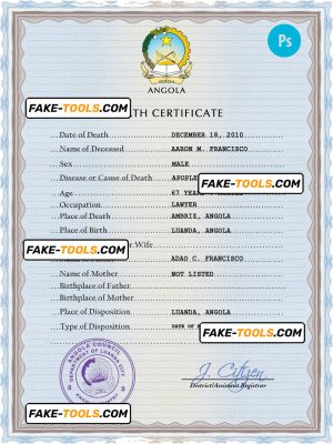 Angola vital record death certificate PSD template, completely editable