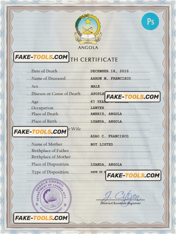 Angola vital record death certificate PSD template, completely editable