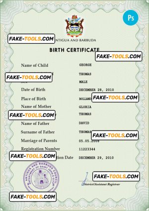Antigua and Barbuda birth certificate PSD template, completely editable