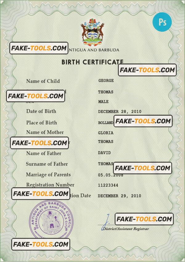 Antigua and Barbuda birth certificate PSD template, completely editable
