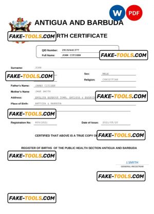 Antigua and Barbuda birth certificate Word and PDF template, completely editable