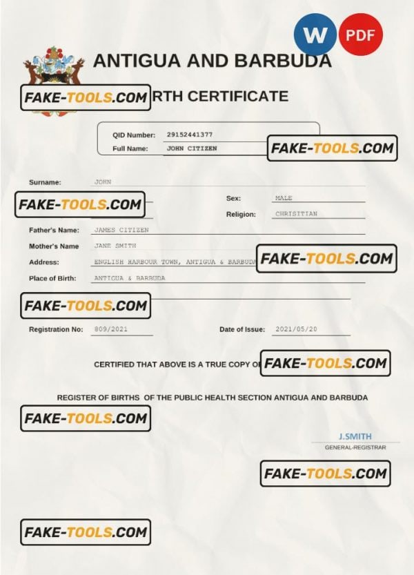 Antigua and Barbuda birth certificate Word and PDF template, completely editable