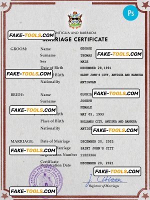 Antigua and Barbuda marriage certificate PSD template, completely editable