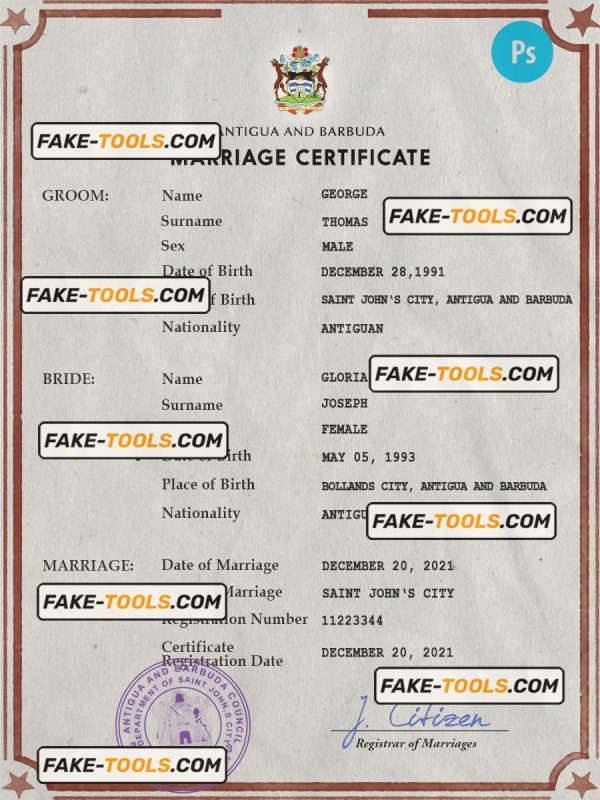 Antigua and Barbuda marriage certificate PSD template, completely editable