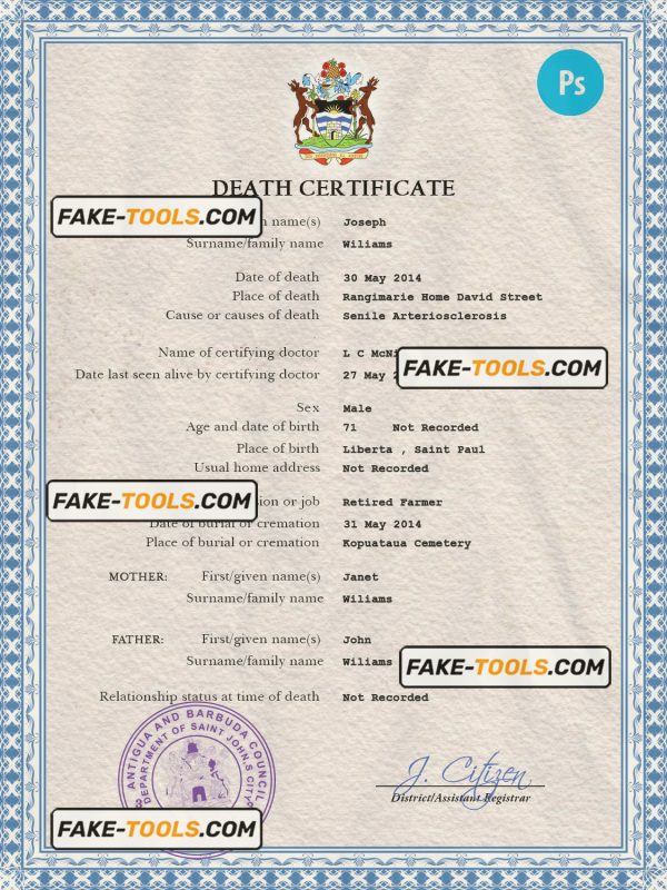 Antigua and Barbuda vital record death certificate PSD template