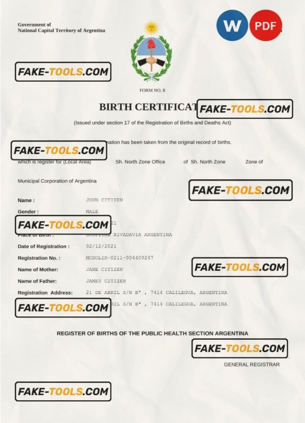 Argentina birth certificate Word and PDF template, completely editable