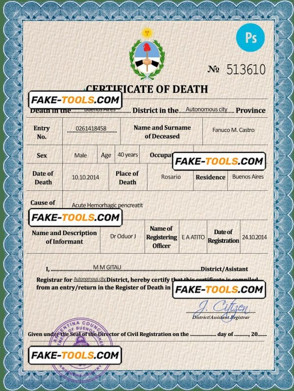 Argentina death certificate PSD template, completely editable