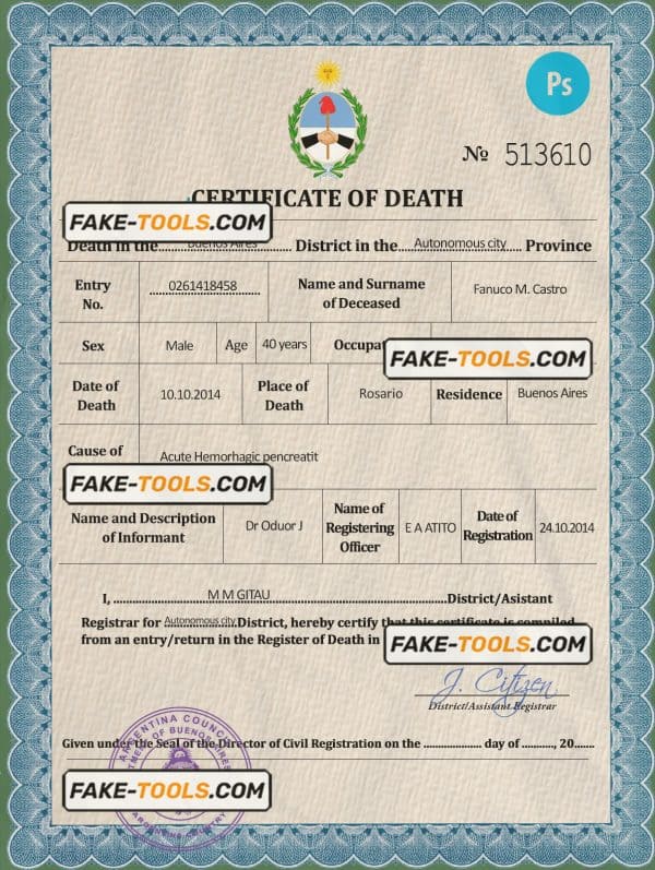 Argentina death certificate PSD template, completely editable