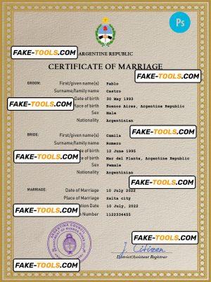 Argentina marriage certificate PSD template, fully editable