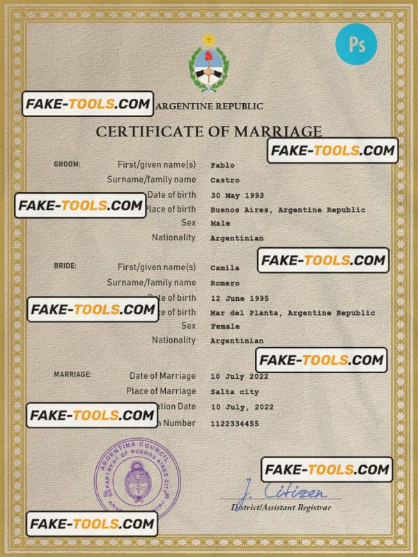 Argentina marriage certificate PSD template, fully editable