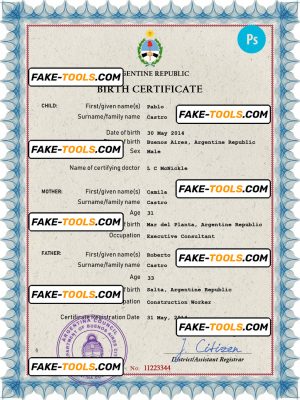 Argentina vital record birth certificate PSD template, fully editable