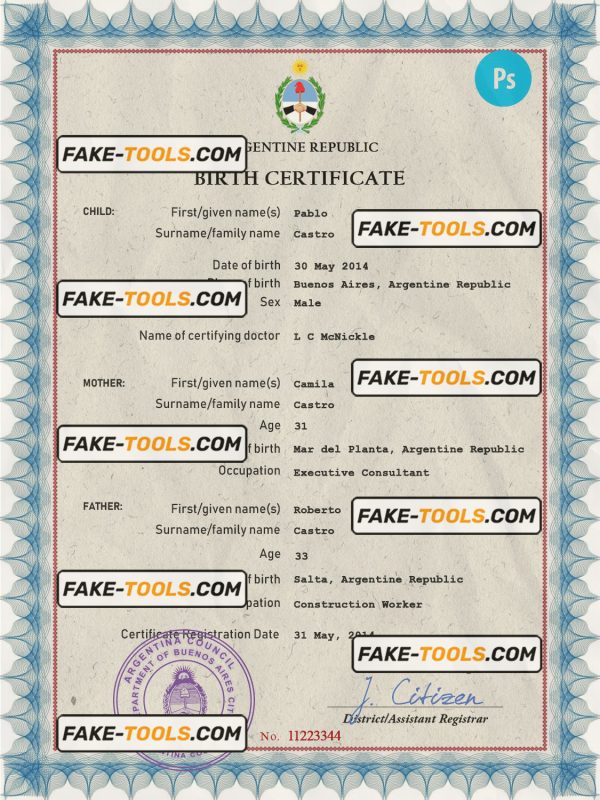 Argentina vital record birth certificate PSD template, fully editable