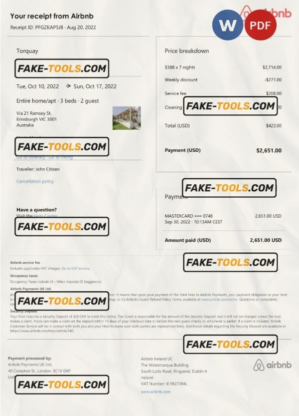 Australia Airbnb booking confirmation Word and PDF template