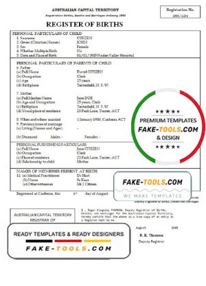 Australia Australian Capital Territory birth certificate template in Word format, version 1