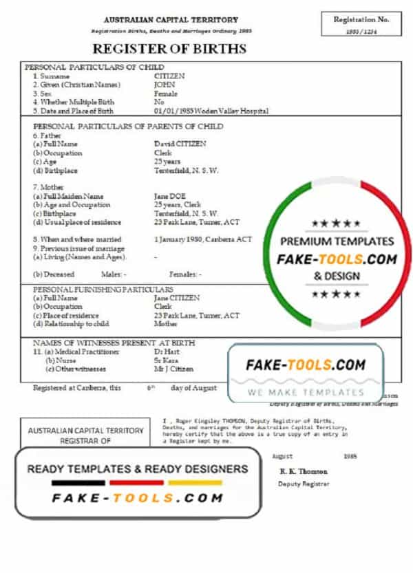 Australia Australian Capital Territory birth certificate template in Word format, version 1