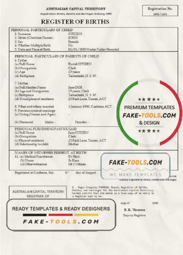 Australia Australian Capital Territory birth certificate template in Word format, version 1