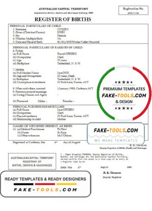 Australia Australian Capital Territory birth certificate template in Word format, version 2