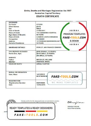 Australia Australian Capital Territory death certificate template in Word format